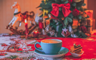 Cozy home decor, illustration of Christmas aesthetic, winter time concept, close up details