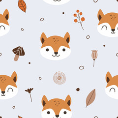 Childish seamless pattern with cute fox and forest elements. For textile, fabric, apparel, wrapping, paper, stationery, nursery, baby product