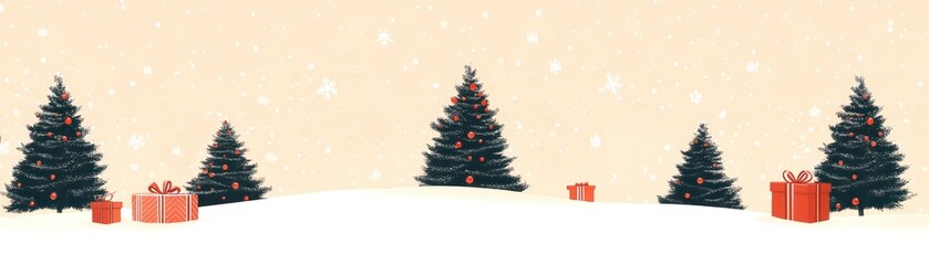 Obraz premium Winter landscape with Christmas trees and presents on a snowy background.