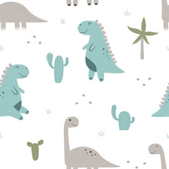 Seamless pattern with cute dino and cactus. T rex and apatosaurus. Kids texture for textile, fabric, apparel, wrapping, paper, stationery, nursery, baby product