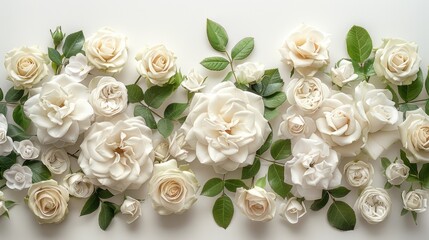A collection of white roses and leaves arranged in a horizontal line on a white background.