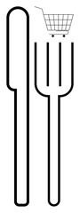 Black and white vector showing a fork and knife with a small shopping cart above the fork. Ideal for themes like food shopping, dining, minimalism, meal prep, and kitchen organization. Clean lines