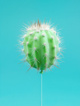 Green cactus balloon with spines blending soft playfulness of balloon with prickly nature of cactus. Isolated cyan background. Minimal concept of nature's danger or summer party.