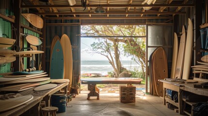 Coastal Surfboard Workshop with Craftsmen Shaping Boards by Hand for Ocean Enthusiasts
