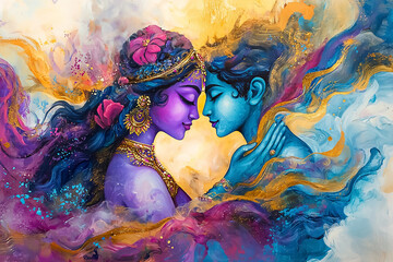 Modern colorful painting of Radha Krishna love