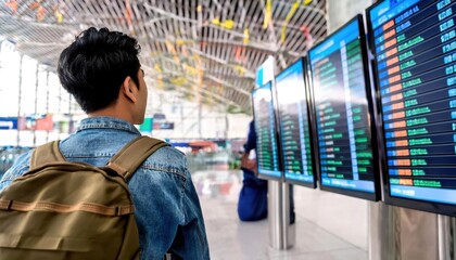 Traveler checking flight information on electronic display at airport terminal.