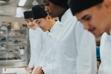 Smiling male and female trainee chefs practicing in culinary school