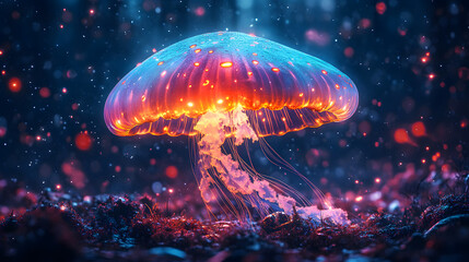 mesmerizing image of single glowing jellyfish in cosmic-like underwater environment, illuminated in shades of blue, purple, orange, blending marine life with fantasy elements. single glowing jellyfish