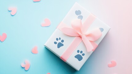 Fototapeta na wymiar A white box with a pink ribbon and a paw print on it