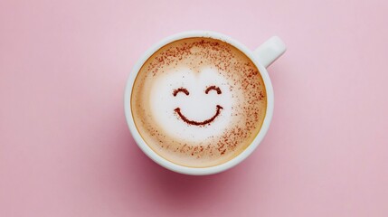 A cappuccino coffee cup excellent hot coffee with foam milk and a smile on a top view with a colorful background. nice morning, inspiring, and in a nice attitude.