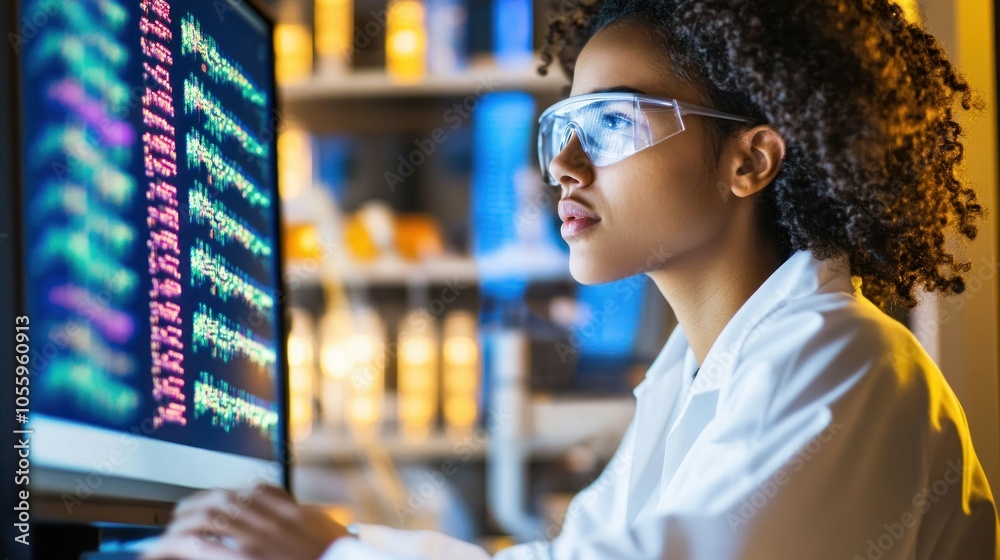 Poster Female Scientist Analyzing Code on Computer Monitor