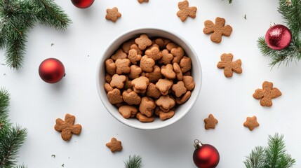 A bowl of cookies with a bunch of Christmas ornaments surrounding it