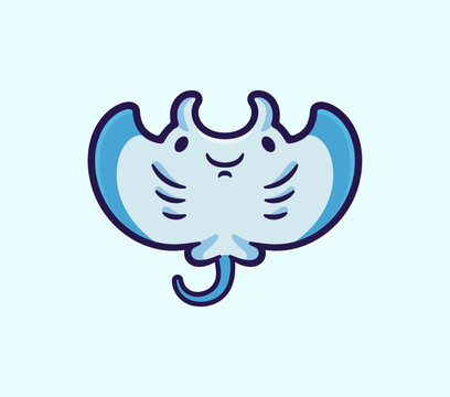 Stingray swimming along happily in underwater ocean with cartoon cute vector illustration style