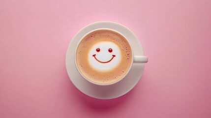 A cappuccino coffee cup excellent hot coffee with foam milk and a smile on a top view with a colorful background. nice morning, inspiring, and in a nice attitude.