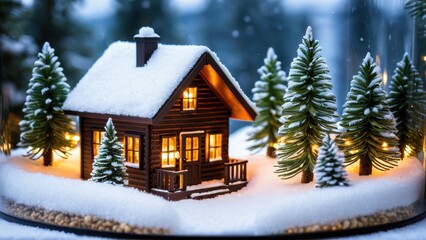 A miniature winter landscape in a glass sphere, with a glowing cabin and snowy trees, evoking the charm of a snowy night.