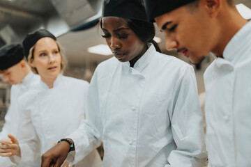 Female and male trainee working by teacher guiding at culinary school