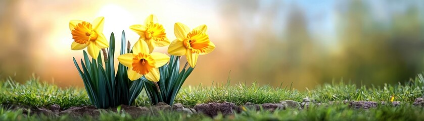 Obraz premium Bright yellow daffodils blooming in lush green grass under soft, natural lighting.