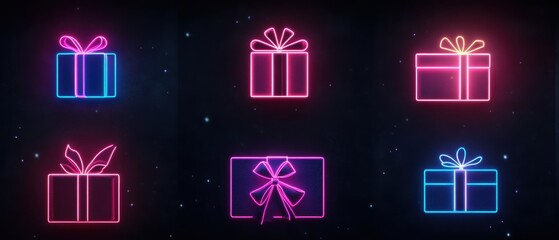 A series of neon lights that are shaped like presents