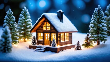 A miniature winter landscape in a glass sphere, with a glowing cabin and snowy trees, evoking the charm of a snowy night.