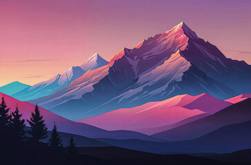 Pastel Gradient Mountains at Dusk watercolor vector painting art illustration