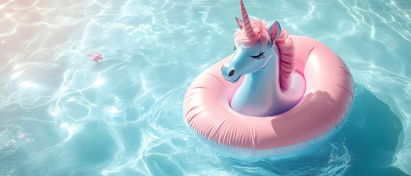 A colorful unicorn float in a refreshing swimming pool, surrounded by shimmering water under sunlight.