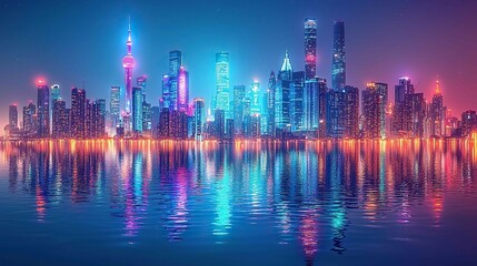 Fototapeta premium Holographic cityscape reflected in water at night