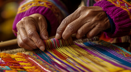 Hands weaving colorful threads into intricate patterns on an ancient loom, showcasing the artistry and craftsmanship behind traditional carpet-making
