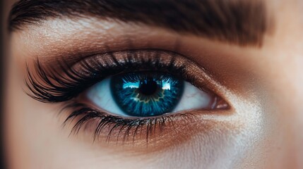 Obraz premium Extremely long false eyelashes on a female eye. Extensions for eyelashes. Beauty, cosmetics, and makeup. Macro, up close.