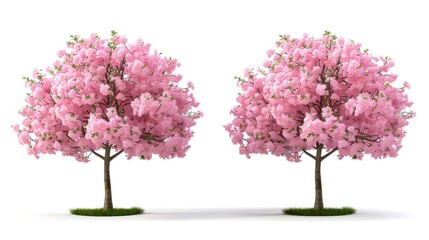 Fototapeta premium Two beautiful pink flowering trees, isolated on a white background, perfect for nature and gardening themes.
