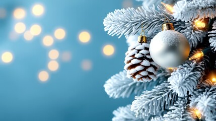 Christmas tree with ornaments, pine cone, and soft lights on a blue background.