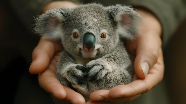 A cute koala being gently held in hands, showcasing its adorable features and fluffy fur.