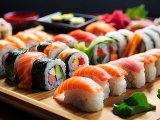 Hand using chopsticks to pick up a sushi roll off of a platter.