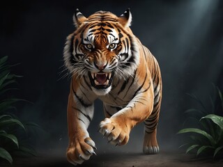 Obraz premium angry wild tiger in jump in dark