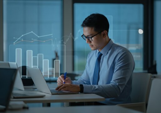 Concentrated Businessman Working on Laptop in Office