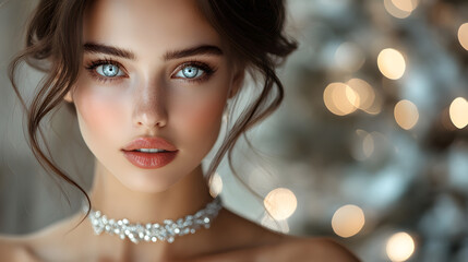 Close-up of a beautiful woman with striking blue eyes and a sparkling necklace, set against a soft bokeh background, symbolizing elegance and beauty.