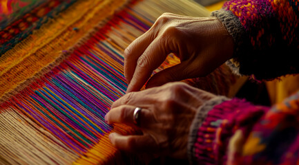 Hands weaving colorful threads into intricate patterns on an ancient loom, showcasing the artistry and craftsmanship behind traditional carpet-making