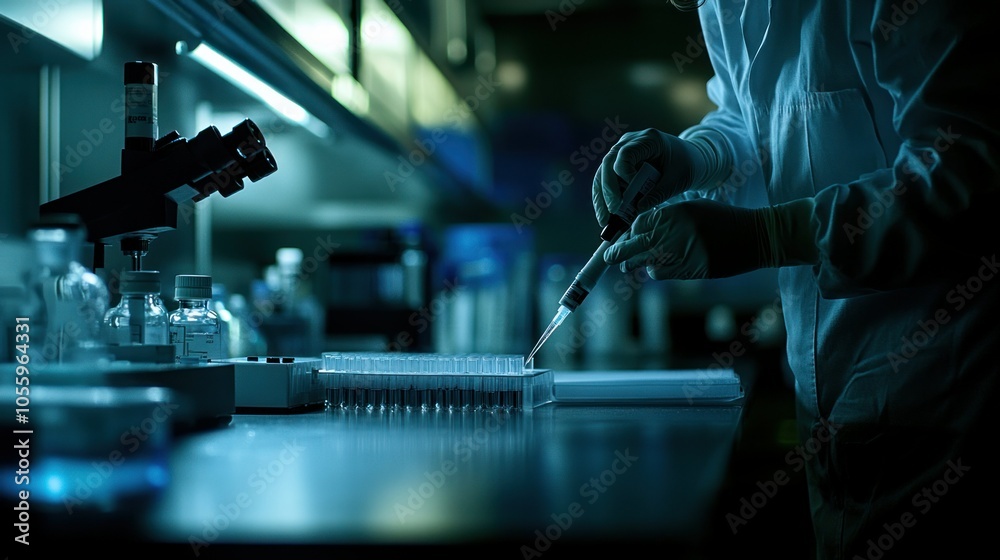Poster Scientist in a Lab Using a Pipette to Dispense Liquid Into Test Tubes