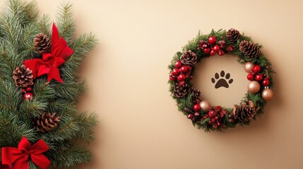 A wreath with a paw print on it is surrounded by a Christmas tree and pine cones