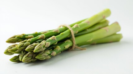 Close-up of a fresh asparagus bundle tied with twine, showcasing its vibrant green color and tender tips.