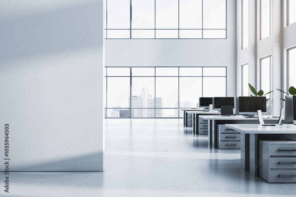 Poster modern spacious coworking office interior with empty mock up place on wall, panoramic windows, city 