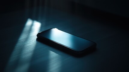 A cell phone is sitting on a table in the dark