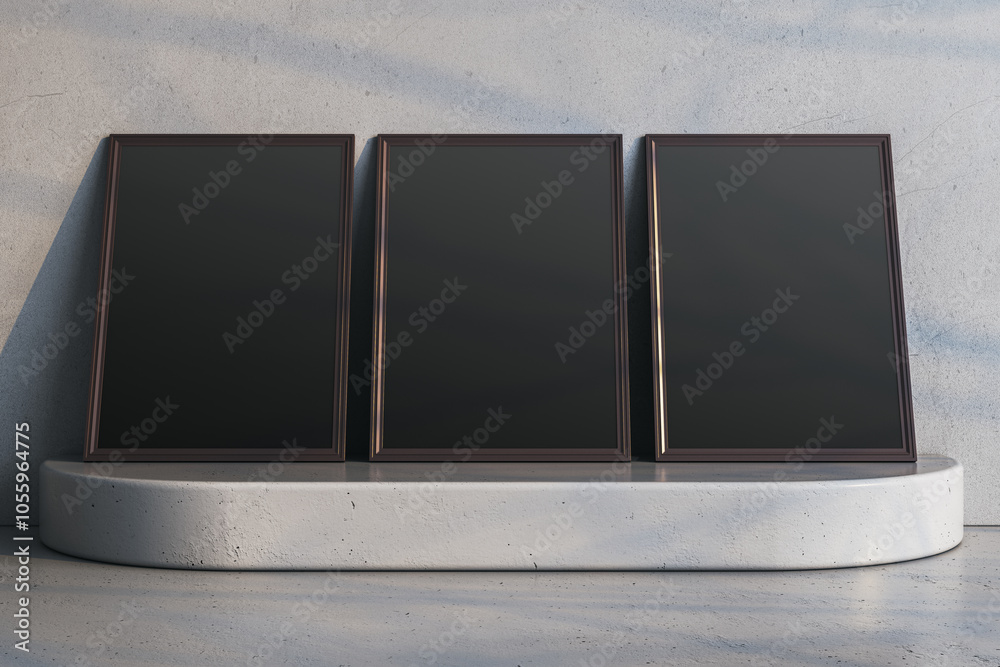 Poster empty three black banners on pedestal. concrete wall background. mock up concept. 3d rendering.