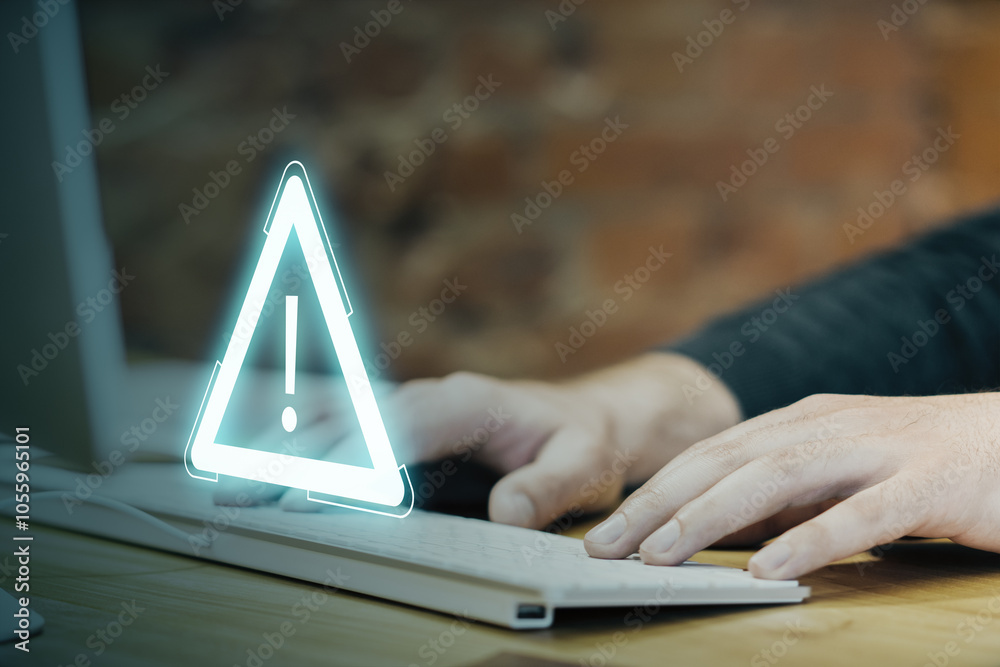 Aufkleber Close up and side view of businessman hand using computer keyboard with glowing attention sign on blurry background. Important notice and alert concept.