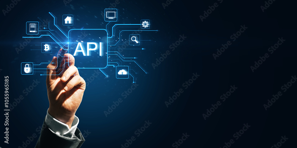 Leinwandbilder Close up of man hand pointing at glowing api data hologram on blue background with mock up place. Big data, Application programming interface concept.