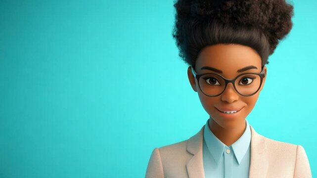 Black businesswoman 3d character with eyeglasses radiates positivity, posing against a vivid blue background, embodying professionalism