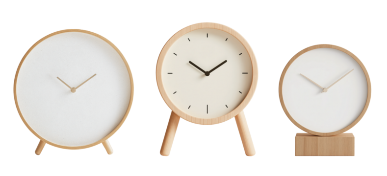 Minimalist wooden clocks interior with clean and modern design isolated on transparent PNG