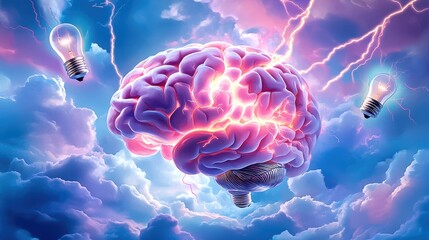 Obraz premium A vibrant illustration of a brain surrounded by lightning and light bulbs, symbolizing creativity and ideas.