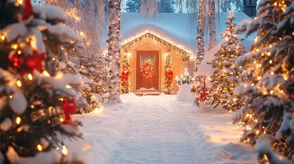 Snow-covered outdoor Christmas landscape. 