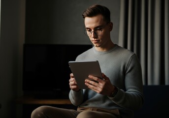Man using tablet at home