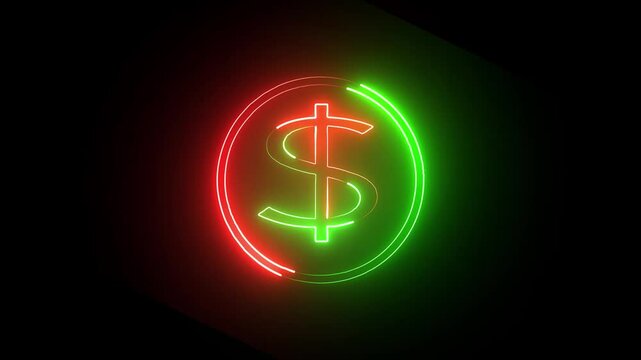 Abstract neon Dollar icon red and green color  business animation on black background.